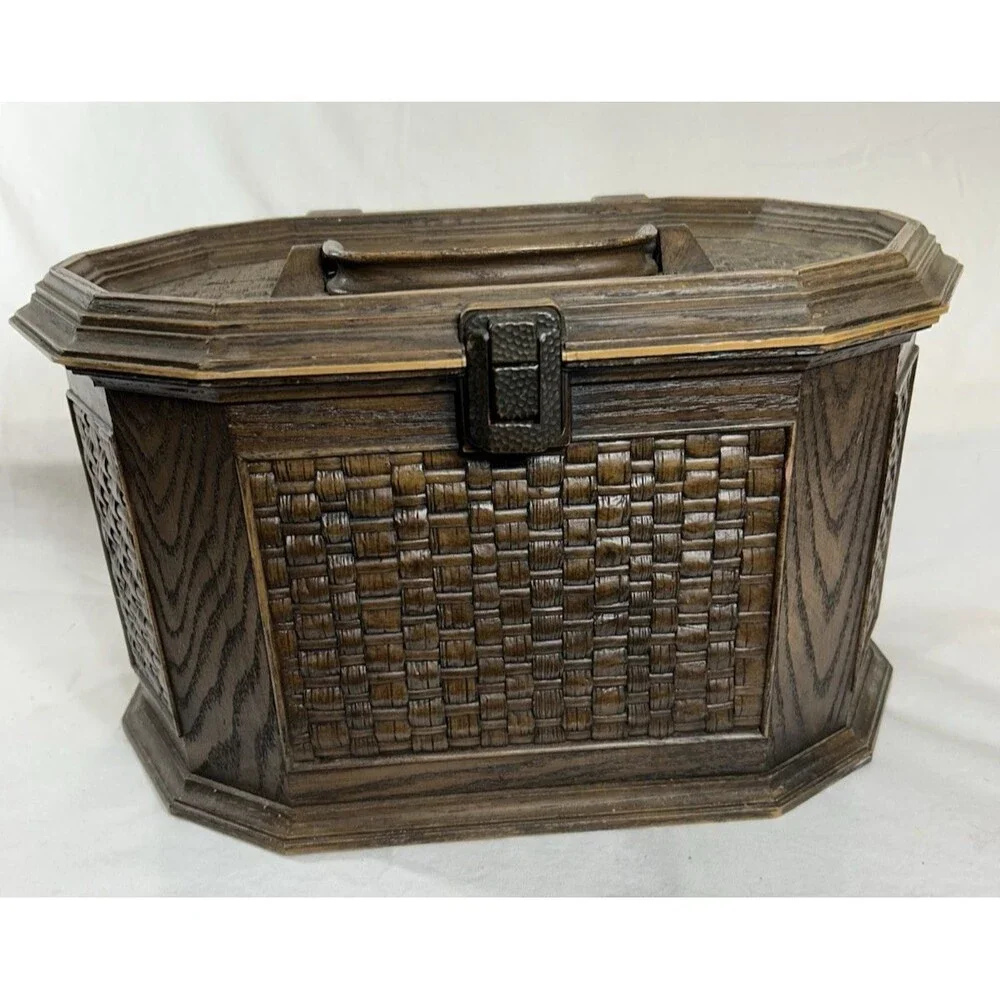 Vintage Lerner Faux Wood Wicker Sewing Box Plastic Basket Weave Storage Craft Ca